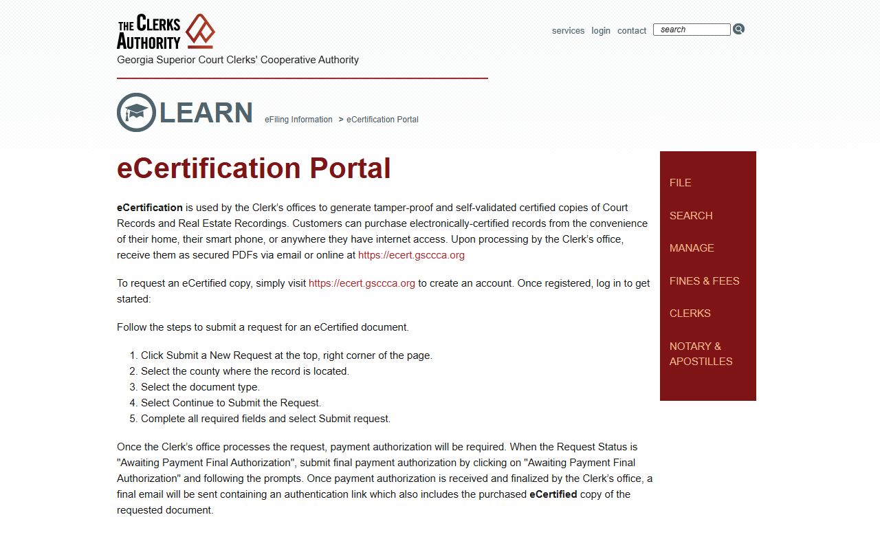 Brooks County Clerk of Superior Court eCertification portal