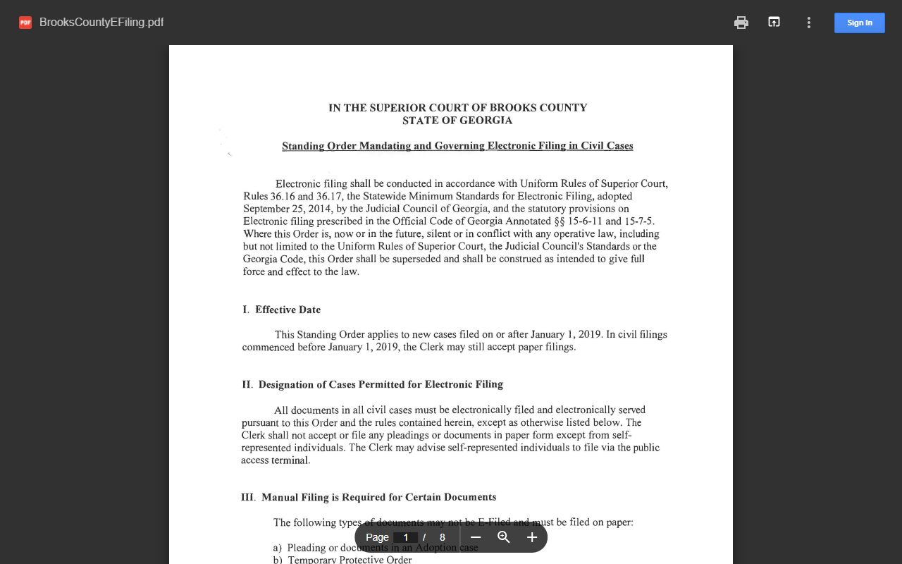 Brooks County Superior Court e-filing order