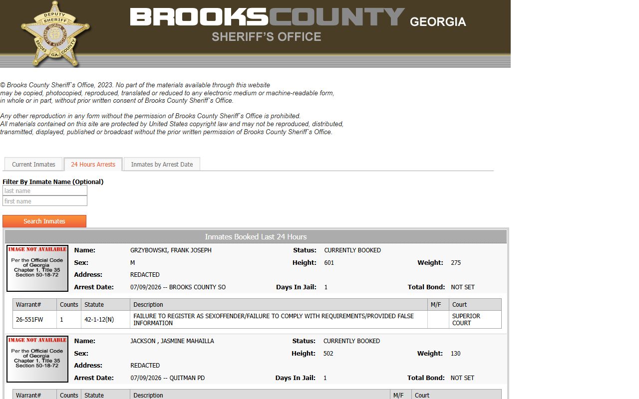 Brooks County inmate search 24-hour arrests roster
