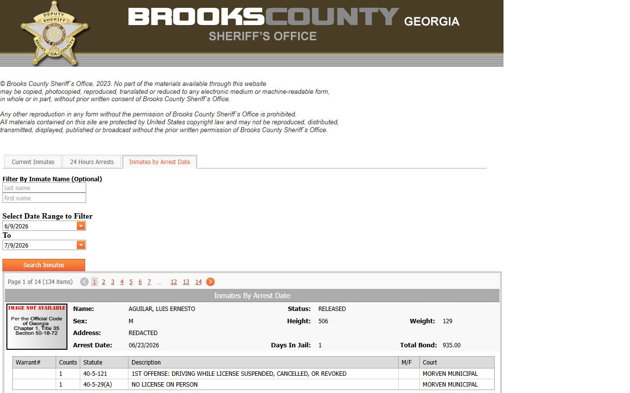 Brooks County inmate search inmates by arrest date roster