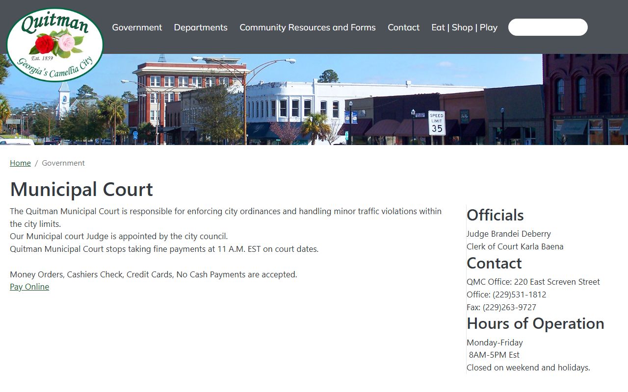 Brooks County traffic court records Quitman Municipal Court page